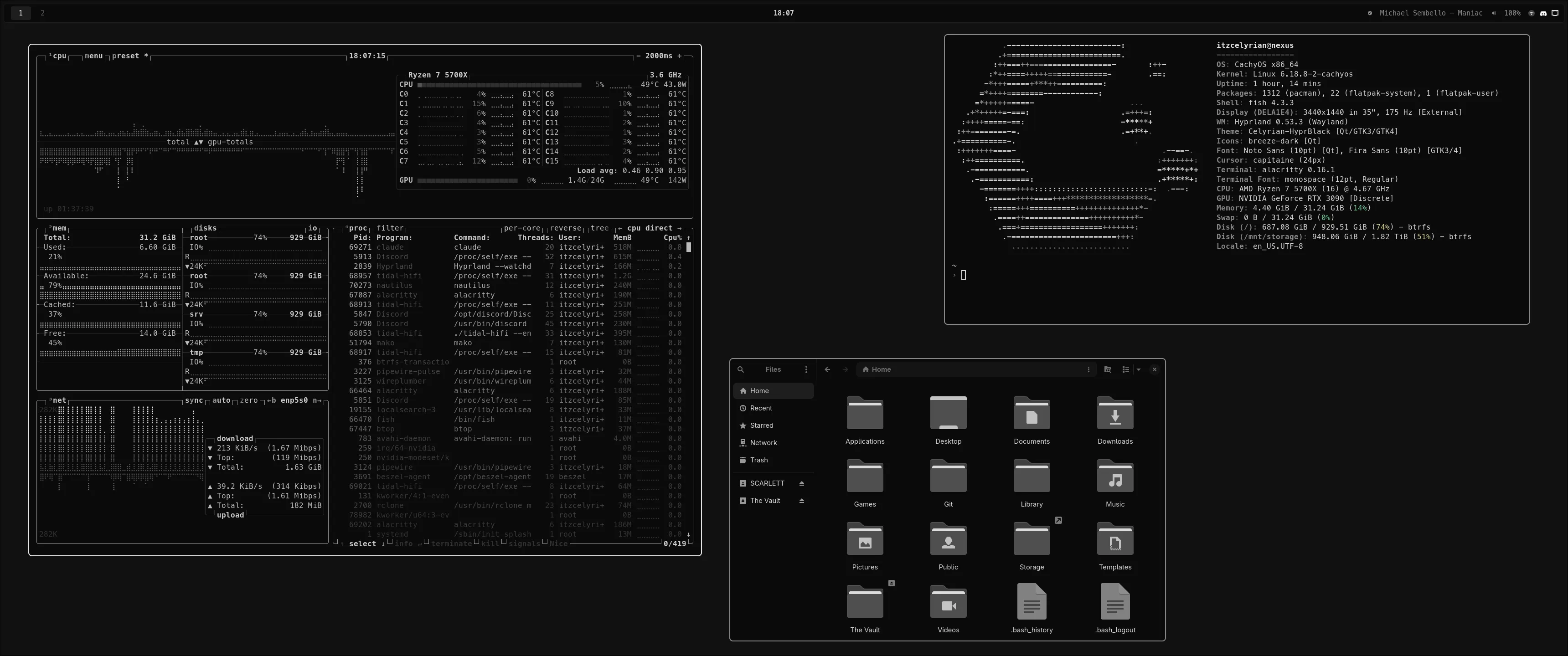 Desktop, 2025 Q3: HyprBlack · CachyOS · Hyprland · alacritty · btop