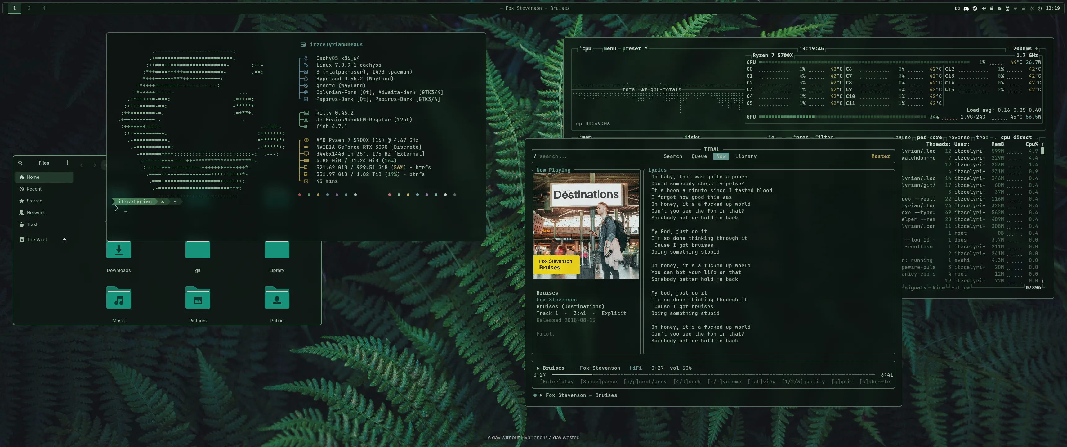 Desktop, 2026 Q1: Fern · CachyOS · Hyprland · kitty · fish