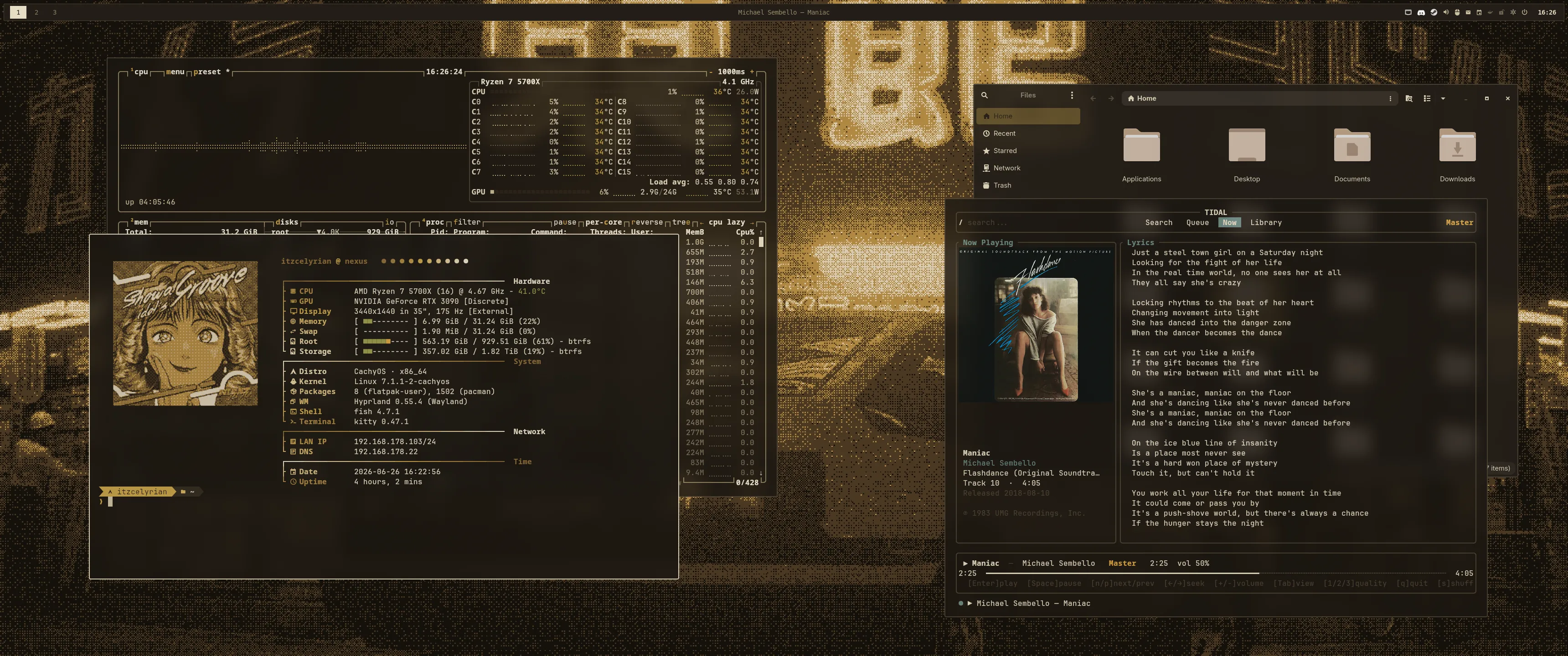 Desktop, 2026 Q3: Showa Groove · CachyOS · Hyprland · kitty · fish